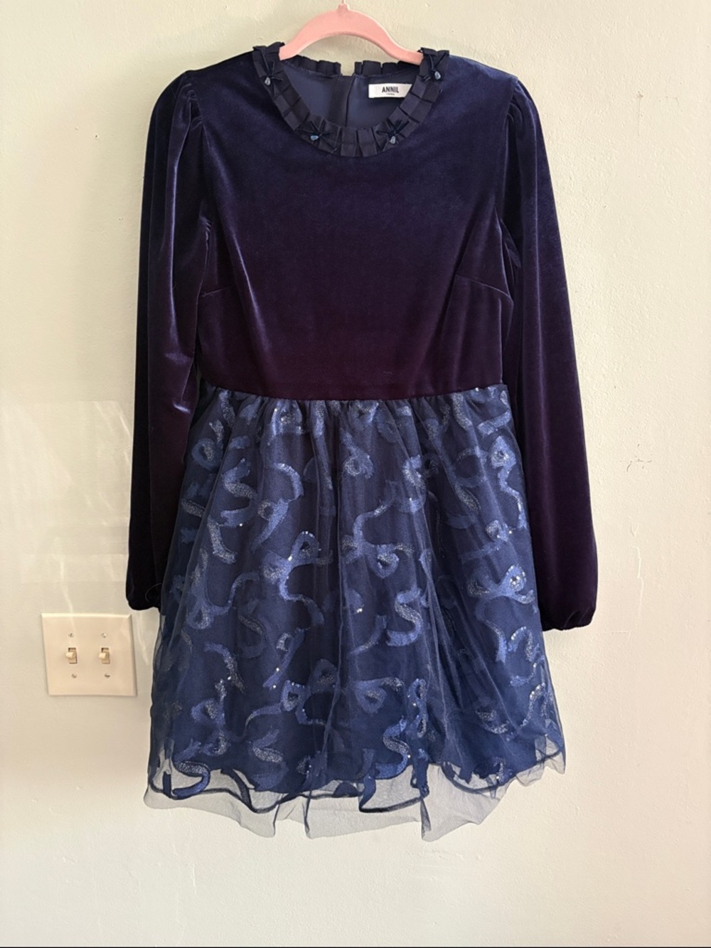 ANNil Navy Velvet Bodice with Sparkle Tulle Skirt Girls' Dress